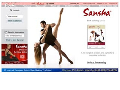 Hình ảnh trang web của Công ty Sansha - một thương hiệu nổi tiếng của Pháp chuyên sản xuất giày múa bale với tên miền là "sansha.com"
