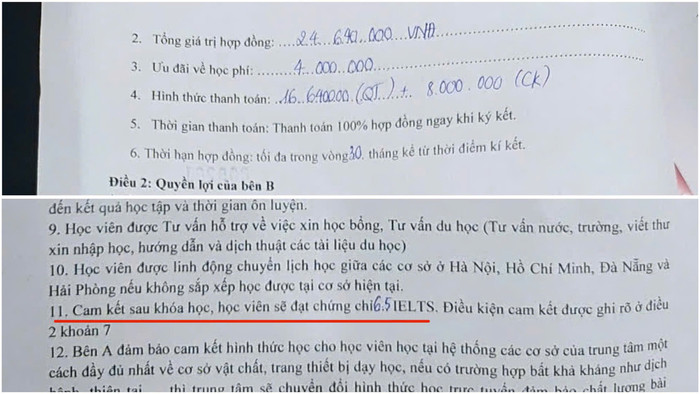 Đóng học phí gần 25 triệu đồng với cam kết chuẩn đầu ra IELTS nhưng con chị Hà không đạt kết quả như trung tâm đã cam kết. (Ảnh NVCC) Đóng học phí gần 25 triệu đồng với cam kết chuẩn đầu ra IELTS nhưng con chị Hà không đạt kết quả như trung tâm đã cam kết. (Ảnh NVCC)