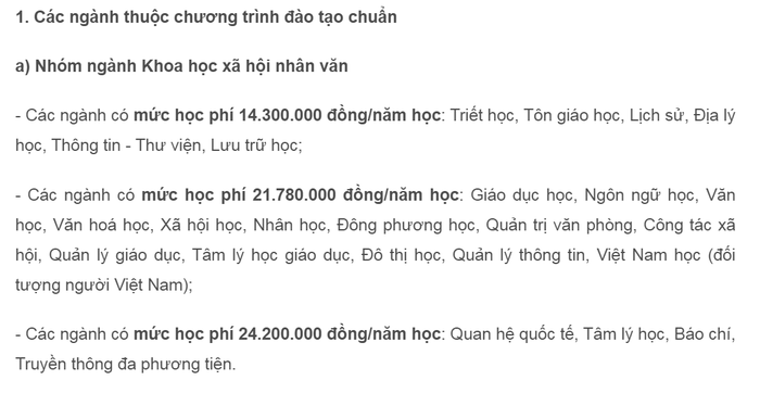 Ảnh chụp từ thông báo mức học phí chương trình đào tạo đại học chính quy tập trung khóa tuyển sinh năm học 2024-2025 của Trường Đại học Khoa học xã hội và Nhân văn - Đại học Quốc gia Thành phố Hồ Chí Minh. 2. USSH HCM.png