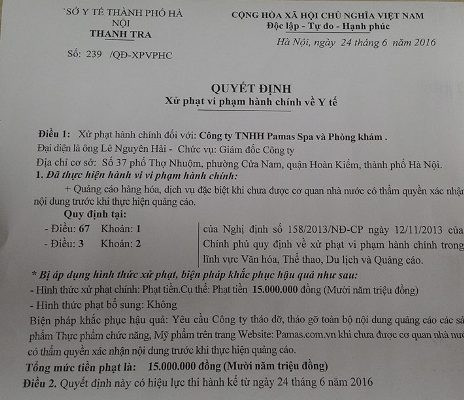 Quyết định số 239/QĐ- XPHC do ông Nguyễn Dương Trung, Phó Chánh thanh tra Sở Y tế Hà Nội ký. Quyết định số 239/QĐ- XPHC do ông Nguyễn Dương Trung, Phó Chánh thanh tra Sở Y tế Hà Nội ký.