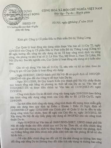 Văn bản của Cục quản lý hoạt động xây dựng - Bộ Xây dựng gửi Công ty Thăng Long...