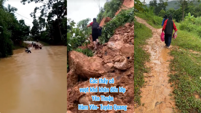 Đoạn đường đến trường của các thầy cô xã Yên Thuận khi trời mưa bão. Ảnh: NVCC 1.png