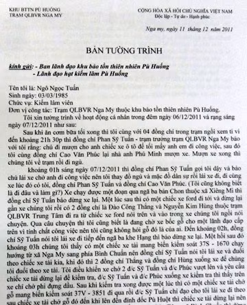 Bản tường trình của kiểm lâm viên Ngô Ngọc Tuấn