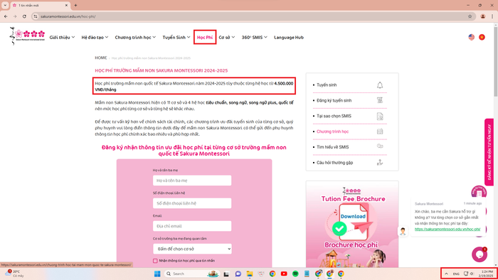 Thông tin về học phí được đăng tải trên website của nhà trường. Ảnh chụp màn hình. Thông tin về học phí.png