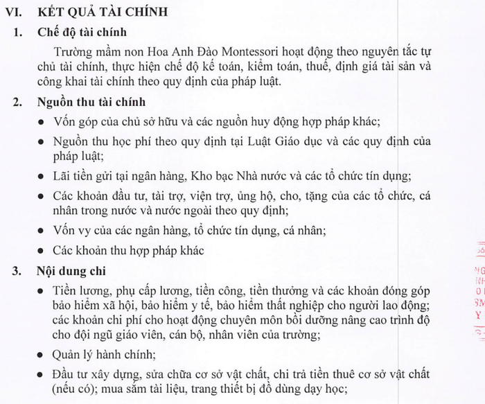 Một số nội dung ở mục IV. Kết quả tài chính trong Báo cáo thường niên năm học 2024-2025 của Trường Mầm non Hoa Anh Đào Montessori (Tây Hồ Tây). Ảnh chụp màn hình. Sakura tây hồ tây.png