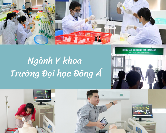 Trường Đại học Đông Á có Trung tâm Thí nghiệm và Trung tâm mô phỏng Tiền lâm sàng phục vụ đào tạo ngành Y khoa. Ảnh: NTCC. Thiết kế: Hồng Linh. ĐH Đông Á.png