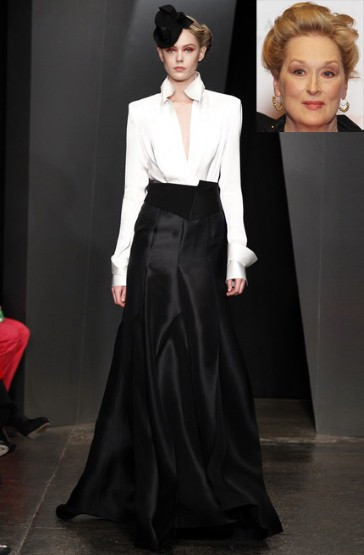 Được đề cử giải Nữ diễn viên xuất sắc nhất cho vai diễn cựu Thủ tướng Anh Margaret Thatcher trong ‘The Iron Lady’ (Người đàn bà thép), Meryl Streep sẽ rất sang trọng với bộ váy áo Donna Karan này. Được đề cử giải Nữ diễn viên xuất sắc nhất cho vai diễn cựu Thủ tướng Anh Margaret Thatcher trong ‘The Iron Lady’ (Người đàn bà thép), Meryl Streep sẽ rất sang trọng với bộ váy áo Donna Karan này.