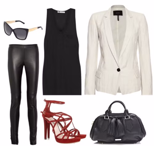 Áo khoác blazer màu trắng phối với áo pull khoét nách thụng dài trùm hôm và quần skinny PVC màu đen đặc trị bệnh "chân dài mình ngắn" Áo khoác blazer màu trắng phối với áo pull khoét nách thụng dài trùm hôm và quần skinny PVC màu đen đặc trị bệnh "chân dài mình ngắn"