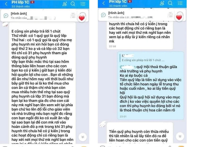 Nội dung đoạn hội thoại được cho là trong nhóm lớp được phụ huynh đăng tải lên mạng xã hội. Ảnh chụp màn hình. ib.jpg