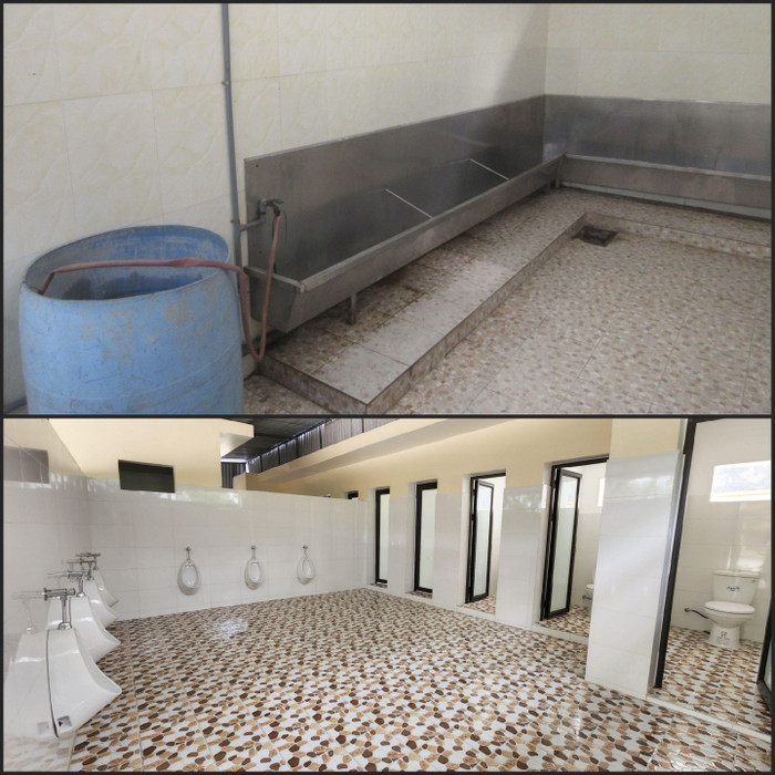 Thiết bị vệ sinh được thay mới hoàn toàn (Ảnh trên là hình ảnh nhà vệ sinh trước khi được sửa chữa. Ảnh: Phạm Linh) Thiết bị vệ sinh được thay mới hoàn toàn (Ảnh trên là hình ảnh nhà vệ sinh trước khi được sửa chữa. Ảnh: Phạm Linh)