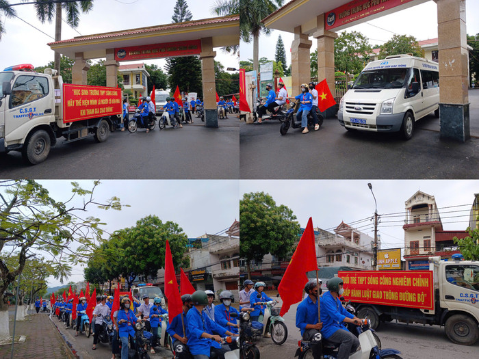 Trường Trung học phổ thông Sông Công phối hợp với Ban An toàn giao thông tỉnh Thái Nguyên, Công an Thành phố Sông Công tổ chức đoàn diễu hành tuyên truyền an toàn giao thông cho người dân trên các đoạn đường thuộc Thành phố Sông Công. Ảnh: NTCC. IMG_1413.jpeg