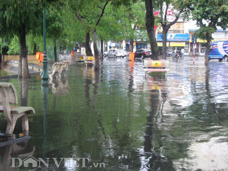 Dưới có hồ, còn phía trên lòng đường, vỉa hè cũng lại thành ao sau mưa Nước không thoát kịp xuống cống, ùn ùn đùn nước lên và chảy tràn xuống hồ Gươm Người đàn ông này bị mắc kẹt trên vỉa hè Nước lênh láng cả một đoạn dài phía đường Đinh Tiên Hoàng Có những chỗ ngập sâu đến nửa mét Bãi để xe ô tô ven hồ Gươm cũng bị ngập khá sâu Nước cống hòa nước mưa, ứ đọng, đen ngòm và kèm theo đó là mùi hôi thối nồng nặc Từng mảng váng bẩn cuộn lại theo dòng nước xoáy tràn xuống hồ Gươm Nước bẩn ào ào xối xuống lòng hồ