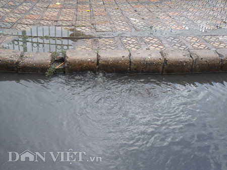Dưới có hồ, còn phía trên lòng đường, vỉa hè cũng lại thành ao sau mưa Nước không thoát kịp xuống cống, ùn ùn đùn nước lên và chảy tràn xuống hồ Gươm Người đàn ông này bị mắc kẹt trên vỉa hè Nước lênh láng cả một đoạn dài phía đường Đinh Tiên Hoàng Có những chỗ ngập sâu đến nửa mét Bãi để xe ô tô ven hồ Gươm cũng bị ngập khá sâu Nước cống hòa nước mưa, ứ đọng, đen ngòm và kèm theo đó là mùi hôi thối nồng nặc Từng mảng váng bẩn cuộn lại theo dòng nước xoáy tràn xuống hồ Gươm Nước bẩn ào ào xối xuống lòng hồ