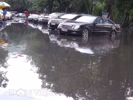 Dưới có hồ, còn phía trên lòng đường, vỉa hè cũng lại thành ao sau mưa Nước không thoát kịp xuống cống, ùn ùn đùn nước lên và chảy tràn xuống hồ Gươm Người đàn ông này bị mắc kẹt trên vỉa hè Nước lênh láng cả một đoạn dài phía đường Đinh Tiên Hoàng Có những chỗ ngập sâu đến nửa mét Bãi để xe ô tô ven hồ Gươm cũng bị ngập khá sâu Nước cống hòa nước mưa, ứ đọng, đen ngòm và kèm theo đó là mùi hôi thối nồng nặc Từng mảng váng bẩn cuộn lại theo dòng nước xoáy tràn xuống hồ Gươm Nước bẩn ào ào xối xuống lòng hồ