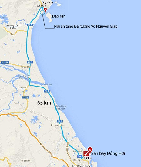 Linh cữu của Đại tướng được di chuyển bằng xe ô tô từ sân bay Đồng Hới (Quảng Bình) đến Vũng Chùa - Đảo Yến - Đồ họa: Thiên Ý