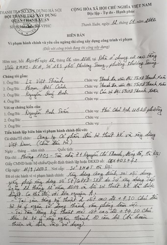 Biên bản và quyết định xử phạt đối với những sai phạm của công trình số 283 Khương Trung. Biên bản và quyết định xử phạt đối với những sai phạm của công trình số 283 Khương Trung.