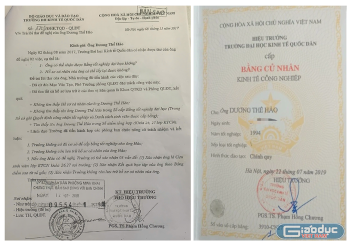 Năm 2017 Trường Đại học Kinh tế Quốc dân khẳng định không tìm thấy hồ sơ cá nhân của ông Dương Thế Hảo; không tìm thấy tên ông Dương Thế Hảo trong sổ cấp bằng tốt nghiệp đại học. Đến năm 2019, nhà trường cấp bằng cử nhân cho ông Hảo. gdvn-t-160.png