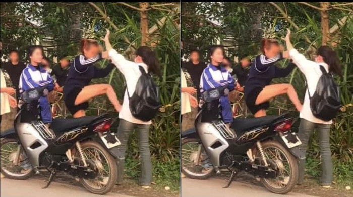 Sau khi ra khỏi trường, nữ sinh mặc áo sơ mi tiếp tục bị đánh. Ảnh cắt từ clip. danh.jpg