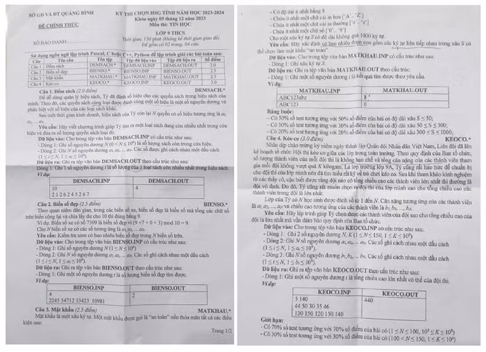 Đề thi học sinh giỏi môn Tin học lớp 9 tại Quảng Bình năm học 2023-2024. Ảnh: Giáo viên cung cấp.