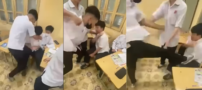 Nam sinh đánh bạn tới tấp ngay trong lớp học. Ảnh cắt từ clip. danh nhau.png