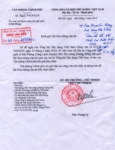 Công văn của Văn phòng Chính phủ gửi Bộ GTVT. Công văn của Văn phòng Chính phủ gửi Bộ GTVT.