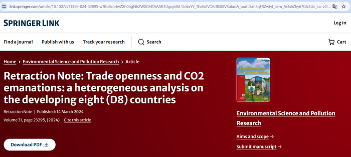 Nhà xuất bản Spinger đăng thông báo rút bài báo "Trade openness and CO2 emanations: a heterogeneous analysis on the developing eight (D8) countries". Ảnh chụp màn hình. baibao.png