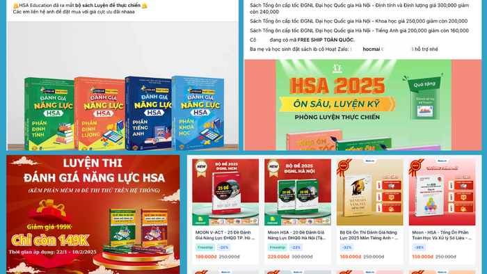Chỉ riêng kỳ thi đánh giá năng lực của Đại học Quốc gia Hà Nội (HSA) đã có hàng chục đầu sách khác nhau. Ảnh chụp màn hình. đánh giá năng lực (1).png