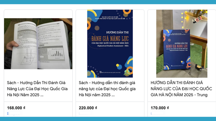 Sách "Hướng dẫn thi đánh giá năng lực của Đại học Quốc gia Hà Nội năm 2025" xuất hiện nhiều mức giá chênh lệch. Ảnh chụp màn hình đánh giá năng lực (3).png
