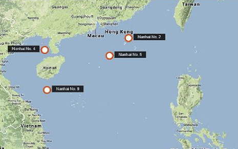 Vị trí 4 giàn khoan mà Trung Quốc thông báo dịch chuyển trên Biển Đông.