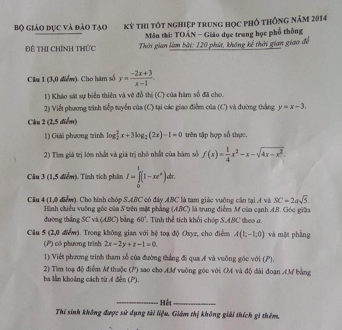 Đề thi Tốt nghiệp THPT môn Toán năm học 2014 Đề thi Tốt nghiệp THPT môn Toán năm học 2014