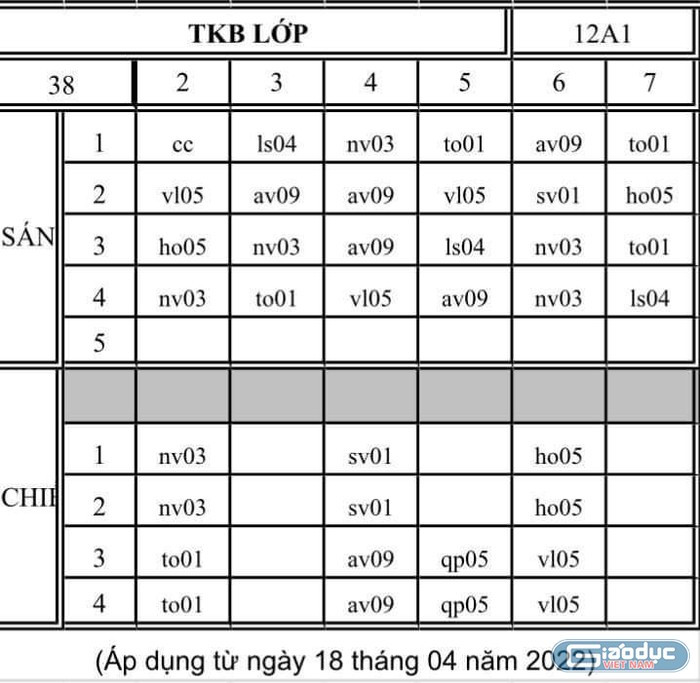 Thời khóa biểu ở một trường trung học phổ thông tổ chức dạy 2 buổi/ngày. Ảnh tư liệu. gdvn-thoi-khoa-bieu-12-7563.jpg