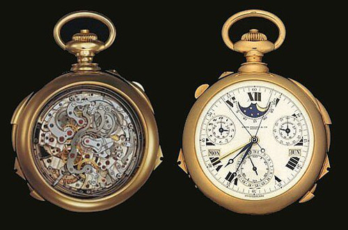 2. Patek Philippe Henry Graves Super Complication. Giá: 11 triệu USD. Câu chuyện về chiếc đồng hồ này rất thú vị, đó là sản phẩm của cuộc đua đẳng cấp giữa hai người bạn là James Packard – một nhà sản xuất ô tô và Henry Graves – một ông chủ ngân hàng. Cuối cùng, Henry Graves đã đặt hàng Patek Philippe chiếc đồng hồ Super Complication này với số tiền bỏ ra gấp 5 lần người bạn của mình để thu lấy chiến thắng. Chiếc đồng hồ được làm bằng vàng 18 karat với nhiều chức năng được cho là tiên tiến nhất ngành công nghiệp đồng hồ lúc bấy giờ như đếm thời gian mỗi giờ, điểm chuông định kỳ mỗi phút hay cả biểu đồ đường chân trời ở New York. Hiện đồng hồ này được trưng bày ở bảo tàng tại Thụy Sĩ sau khi được mua lại với giá 11 triệu USD năm 1999. 2. Patek Philippe Henry Graves Super Complication. Giá: 11 triệu USD. Câu chuyện về chiếc đồng hồ này rất thú vị, đó là sản phẩm của cuộc đua đẳng cấp giữa hai người bạn là James Packard – một nhà sản xuất ô tô và Henry Graves – một ông chủ ngân hàng. Cuối cùng, Henry Graves đã đặt hàng Patek Philippe chiếc đồng hồ Super Complication này với số tiền bỏ ra gấp 5 lần người bạn của mình để thu lấy chiến thắng. Chiếc đồng hồ được làm bằng vàng 18 karat với nhiều chức năng được cho là tiên tiến nhất ngành công nghiệp đồng hồ lúc bấy giờ như đếm thời gian mỗi giờ, điểm chuông định kỳ mỗi phút hay cả biểu đồ đường chân trời ở New York. Hiện đồng hồ này được trưng bày ở bảo tàng tại Thụy Sĩ sau khi được mua lại với giá 11 triệu USD năm 1999.