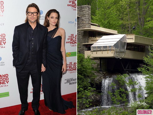 Brad Pitt từ lâu đã mơ tới ngôi nhà thác nước giống như của kiến trúc sư Frank Lloyd Wright (ảnh phải). Thác nước ở California (bên phải) là món quà đắt giá mà Angelina Jolie tặng cho người tình dịp Giáng sinh vừa qua.