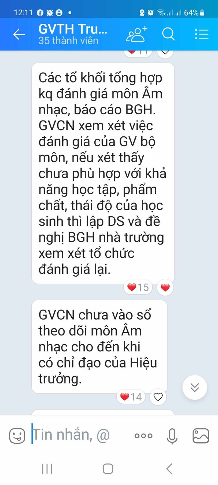 Giáo viên Âm nhạc đánh giá 50% học sinh trong lớp Hoàn thành tốt nhưng vẫn bị yêu cầu đánh giá lại gdvn-tin nhắn âm nhạc 1.jpg