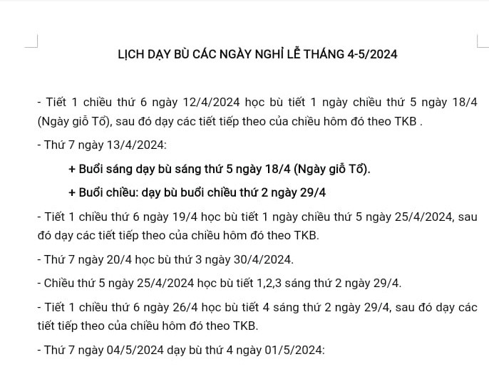 Lịch dạy bù của một trường (Ảnh CTV) gdvn-lịch dạy bù 2.jpg