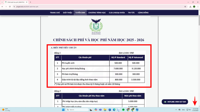 Sau khi nhận được phản ánh, trường đã xóa bỏ phần phí giữ chỗ. Ảnh chụp màn hình website Trường Tiểu học Jean Piaget vào ngày 13/01/2025. z6223562815705_beb796f2d1b3b0bf50f1ee5d89e9f02e.jpg