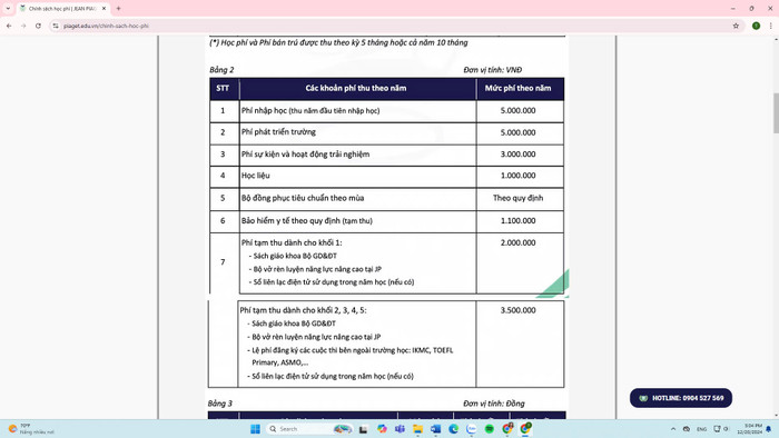 Các khoản phí tạm thu mà phụ huynh phải đóng vào đầu năm học 2025-2026. Ảnh chụp màn hình website Trường Tiểu học Jean Piaget vào ngày 20/12/2024. 5.jpg