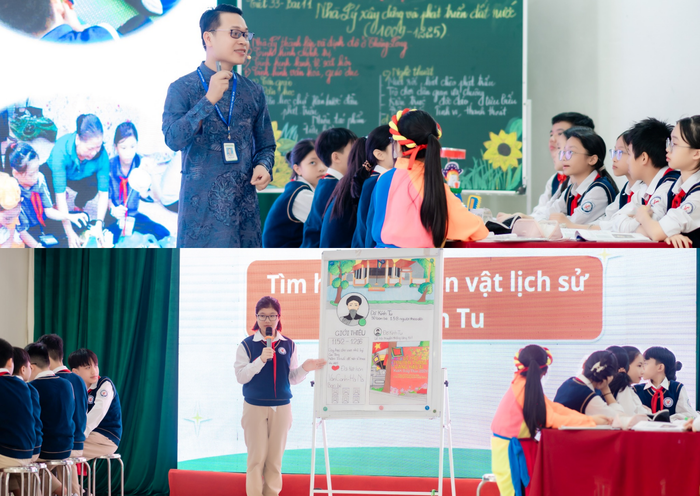 Thầy Phùng Chí Tân cùng học sinh trong một buổi học chuyên đề môn Lịch sử. Ảnh: NVCC. LS1.png