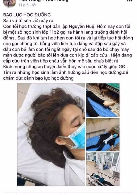 Gia đình nữ sinh Trường Trung học phổ thông Nguyễn Huệ tố bị một nhóm học sinh cùng trường đánh hội đồng ngất xỉu phải nhập viện (Ảnh: Facebook)