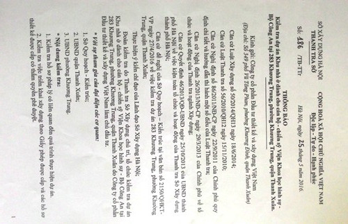 Thông báo về việc kiểm tra Dự án 283 Khương Trung cho Công ty Videc. Thông báo về việc kiểm tra Dự án 283 Khương Trung cho Công ty Videc.