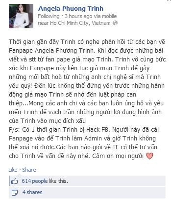 Phương Trinh kêu gọi mọi người giúp đỡ để "tẩy chay" facebook giả.