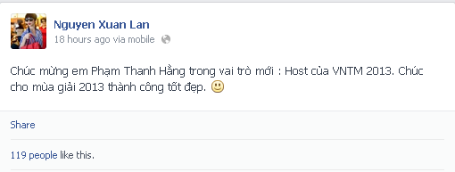 Xuân Lan gửi lời chúc tới Thanh Hằng trên trang cá nhân. Xuân Lan gửi lời chúc tới Thanh Hằng trên trang cá nhân.