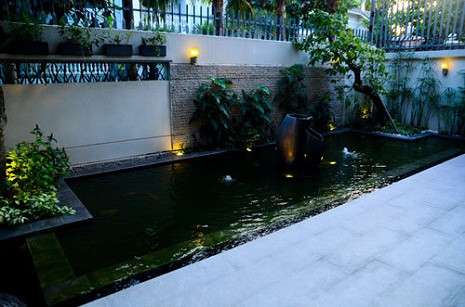 Phía trước cửa là hồ cá nhỏ, tạo cảm giác mát mẻ.