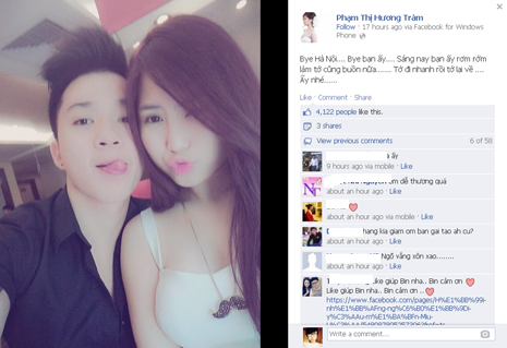 Hương Tràn đăng status tình cảm dành cho bạn trai.
