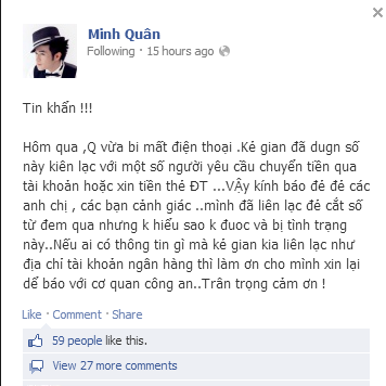 Ca sĩ Minh Quân đưa lời cảnh báo trên trang cá nhân.