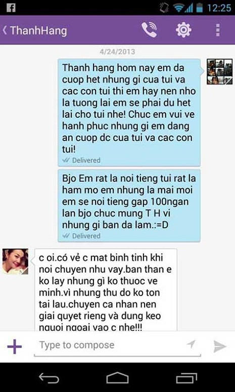 Phần chat qua lại được cho là của Thanh Hằng và người tố cô giật chồng. Phần chat qua lại được cho là của Thanh Hằng và người tố cô giật chồng.