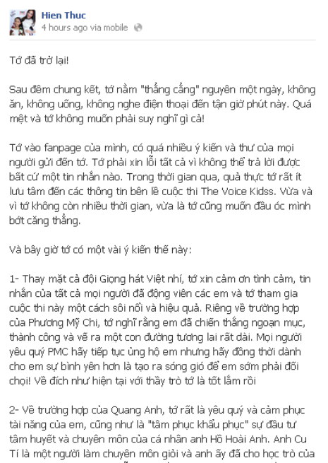 Hiền Thục chia sẻ trên trang cá nhân. Hiền Thục chia sẻ trên trang cá nhân.