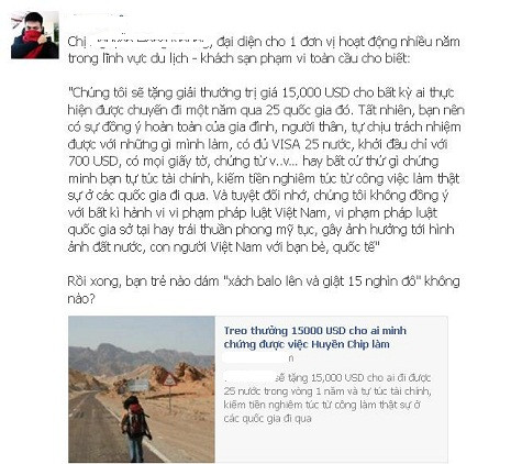 Phần thách cược được cư dân mạng chia sẻ. (Xem thêm các bài viết về cuốn sách "Xách ba-lô lên và đi") Phần thách cược được cư dân mạng chia sẻ. (Xem thêm các bài viết về cuốn sách "Xách ba-lô lên và đi")