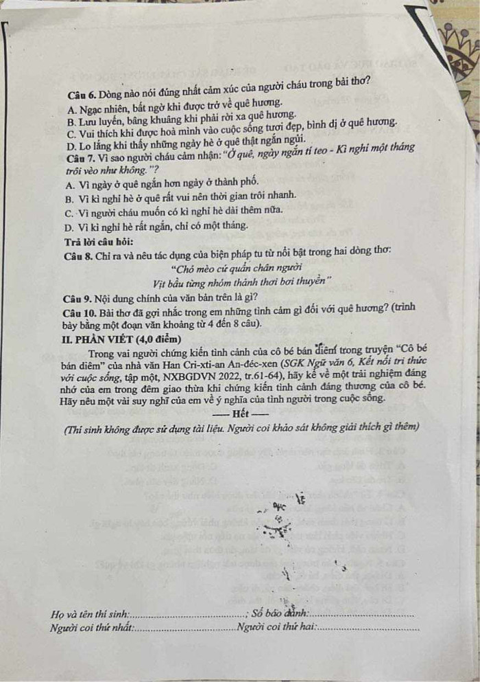 Đề kiểm tra Ngữ văn 6 của Sở Giáo dục và Đào tạo Hà Nam. (Ảnh: GVCC)