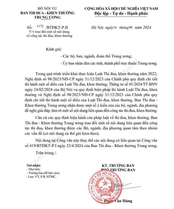 Công văn số /BTĐKT-P.II của Ban Thi đua - Khen thưởng Trung ương. (Ảnh: Ánh Dương) gdvn_tđkt.jpg